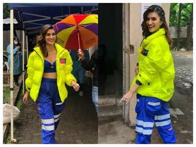 Style check! Kriti Sanon looks chic in her super cool neon jacket on the sets of an ad shoot