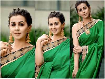 Nikki Galrani's in a red crushed pre-draped saree with a belt! |  Fashionworldhub