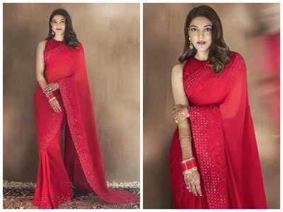 Kajal Aggarwal is a sight to behold in a red saree as she dolled up for her first Karwa Chauth; pics inside