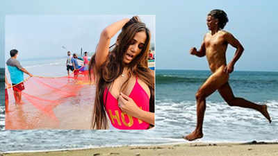 Indian Actress in Orange Tank Top Running on the Beach