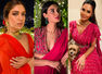 Bhumi, Diana and Esha wore red saris by the same designer