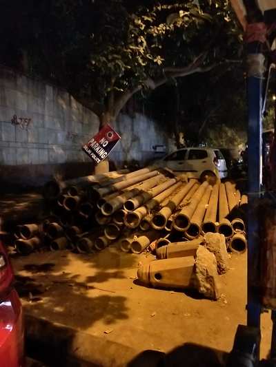 Sewage pipes stacked in front of Iskcon temple.