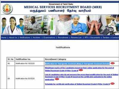 TN MRB Recruitment 2020: Apply online for 76 Therapeutic Assistant 