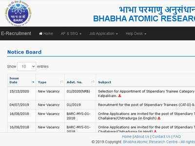 BARC Stipendiary Trainee Recruitment 2020: Apply online here for