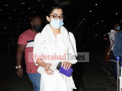 Spotted: Rashmika Mandanna looks angelic in white as she returns to Hyderabad