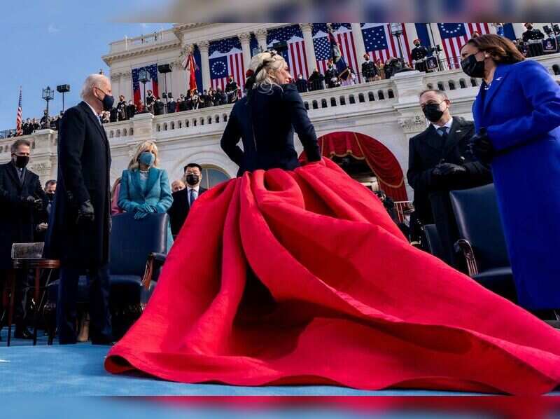 Lady Gaga's fashion statement: Dove-shaped bird and billowing red sculpted skirt