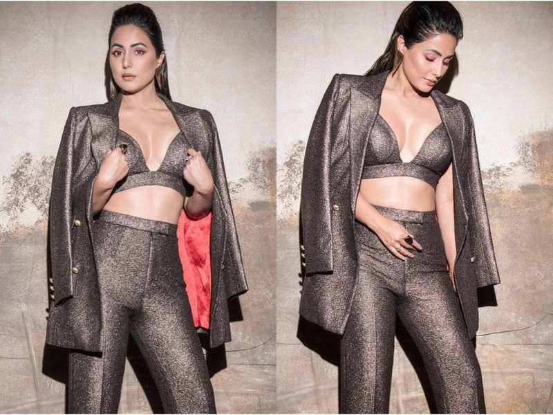 Hina Khan stuns in a grey pantsuit and bralette
