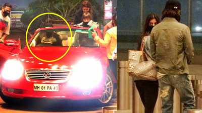 Shah Rukh Khan and AbRam drop off Suhana Khan at airport in his new red swanky car. Check out!