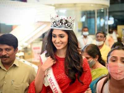 VLCC Femina Miss India World 2020 Manasa Varanasi gets a royal welcome as she arrives in Hyderabad