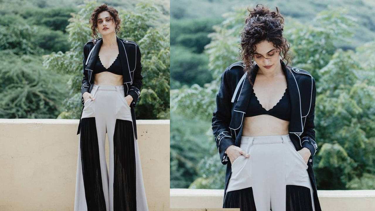 Taapsee Pannu's chic black bralette and beige flared pants outfit