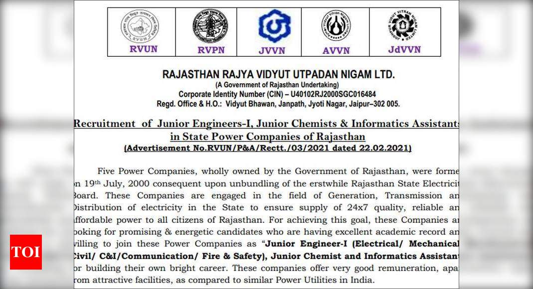 Rvunl Rajasthan Vidyut Recruitment 21 Apply Online For 1075 Ae Je And Other Posts Times Of India