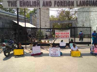 EFLU students protest seeking reopening of hostels