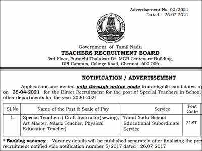 TN TRB Special Teacher recruitment 2021 notification released, apply from March 31 for 1598 posts