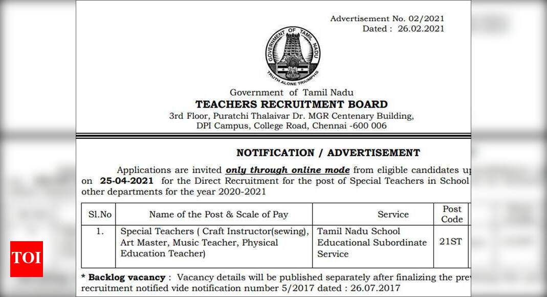 TN TRB Special Teacher recruitment 2021 notification released, apply ...