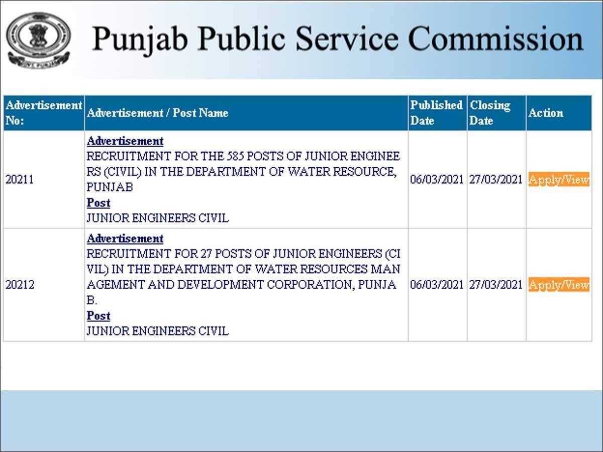 Punjab Ppsc Je Civil Recruitment 21 Apply Online For 612 Posts At Ppsc Gov In Times Of India