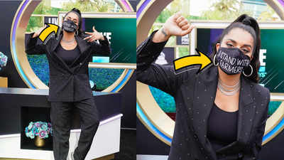 Lilly Singh aka Superwoman wears 'I Stand With Farmers' mask at the Grammy Awards 2021
