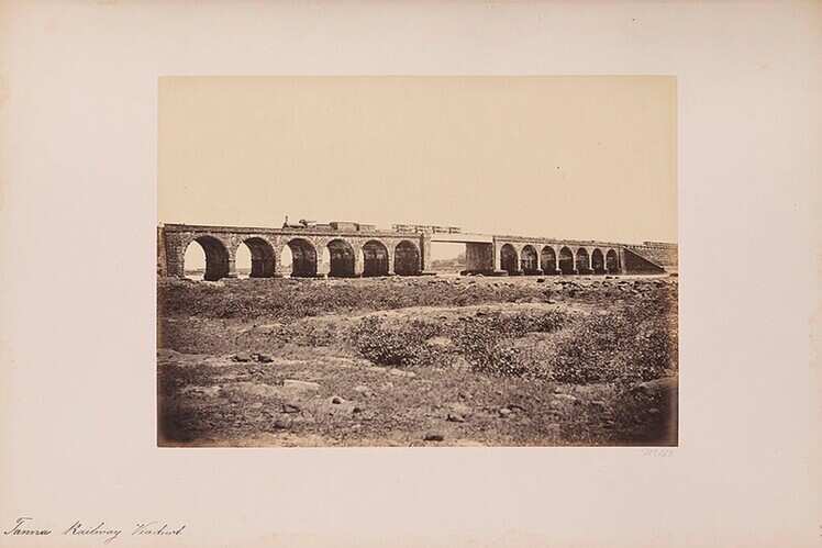 The longer railway viaduct near Thane in the year 1855.
