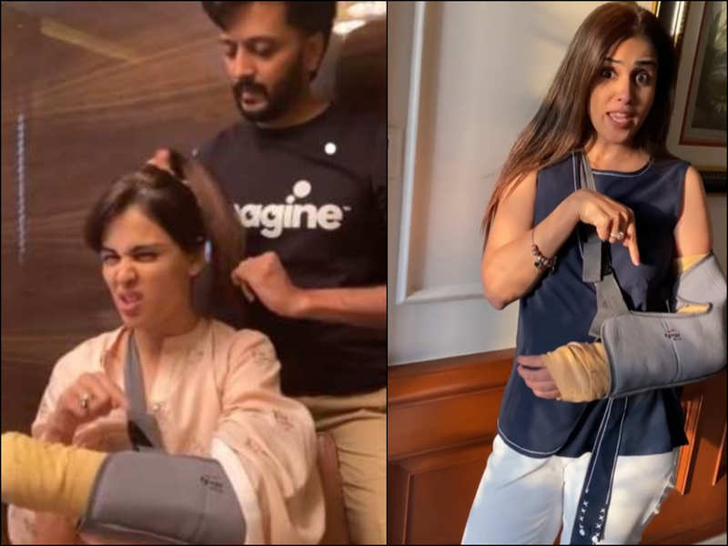 Watch: Riteish Deshmukh helps wife Genelia tie up her hair as the actress  is nursing a broken arm | Hindi Movie News - Times of India