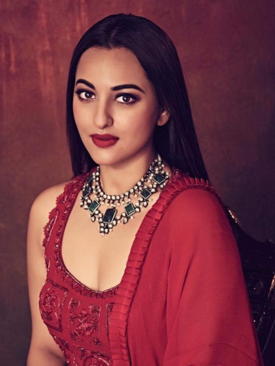 Blissful Designer Embroidered Red Sonakshi Sinha Pant Style Salwar Suit @  Low Price -