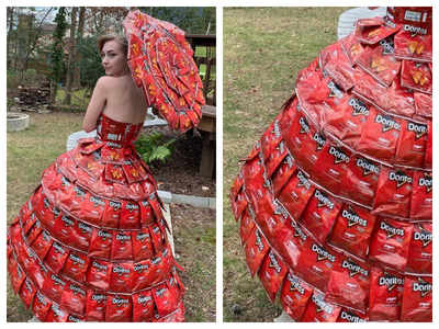 Woman creates dress and umbrella using discarded nachos packets