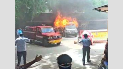 Ambulance goes up in flames in front of Coimbatore hospital