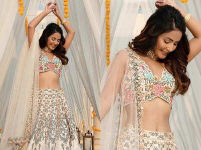 Hina Khan's pastel lehenga with bustier