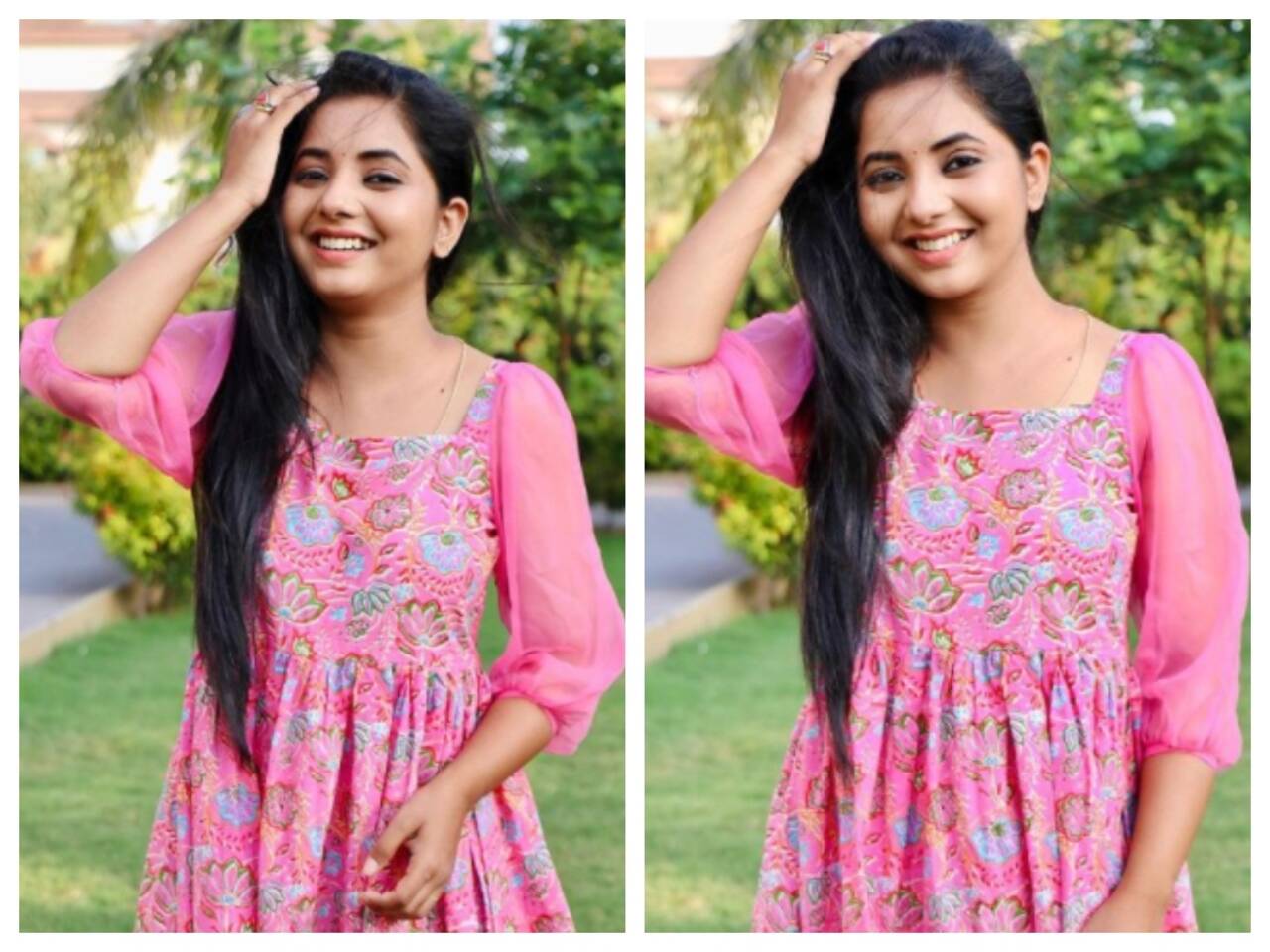 Free Photo | Shy woman in floral print dress poses on orange  background.pretty young girl with curly girl in stylish clothes looking  into camera.