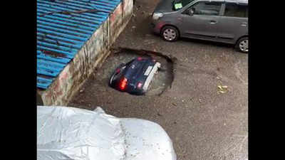 Mumbai: Parked SUV sinks into well as slab caves in at Ghatkopar society, no injuries