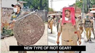 UP: Cops use plastic chair as riot gear in Unnao