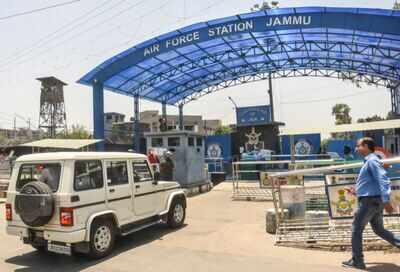 Delhi Police special cell entering IAF station in Jammu, Tuesday (PTI)