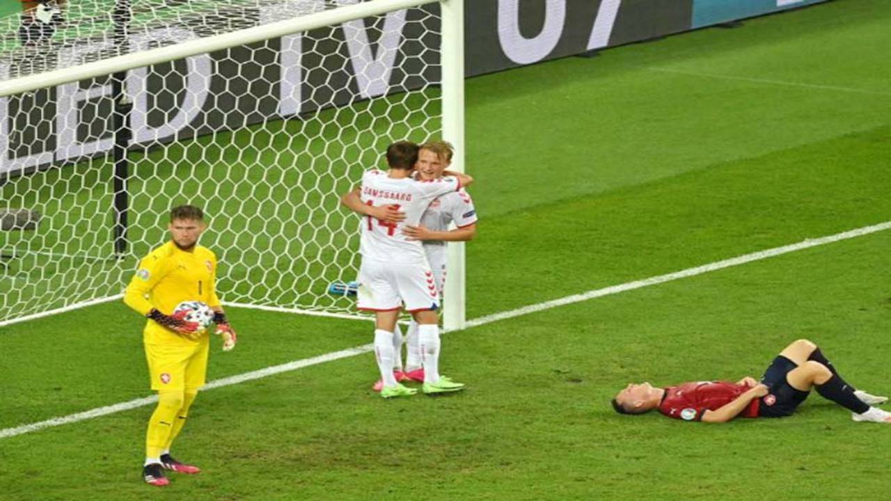 Czech Republic's Jan Boril heads the ball during the Euro 2020 soccer  championship quarterfinal match between Czech Republic and Denmark, at the  Olympic stadium in Baku, Saturday, July 3, 2021. (AP Photo/Darko