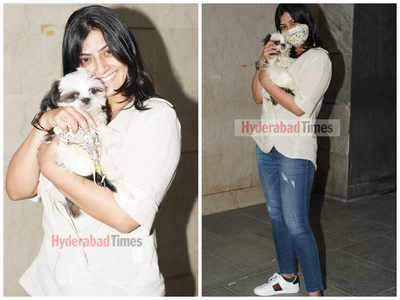 Spotted: Varalaxmi Sarathkumar flies to Hyderabad with her furry baby