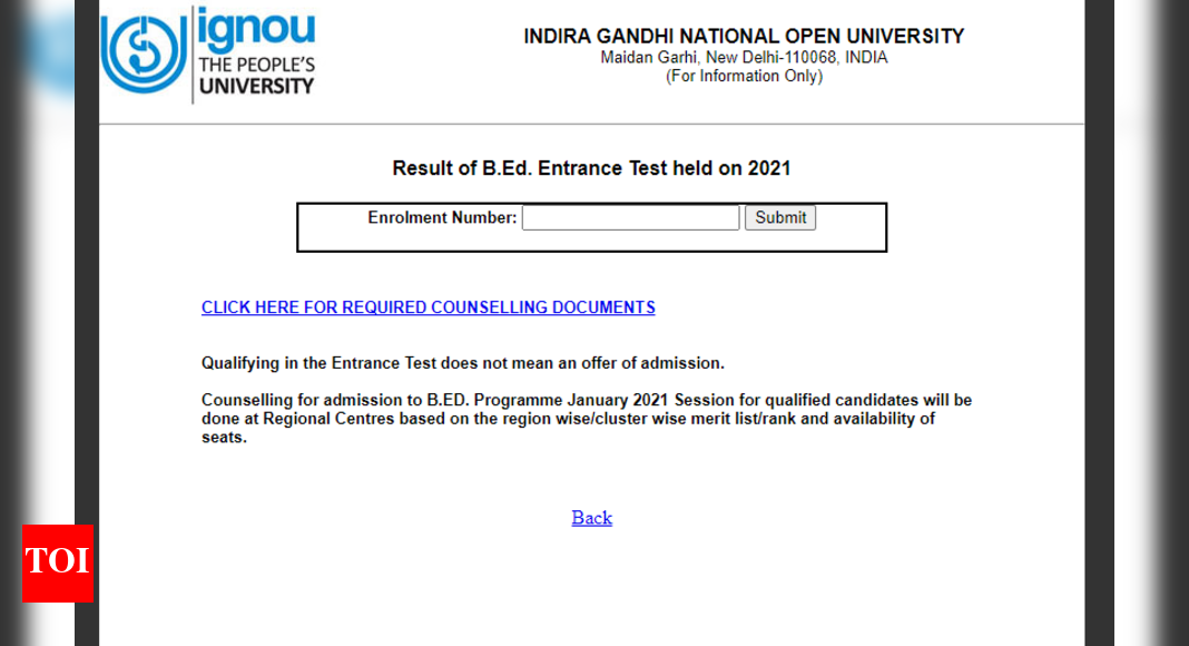 IGNOU entrance result 2021 for OPENMAT, BEd, BSC Nursing released