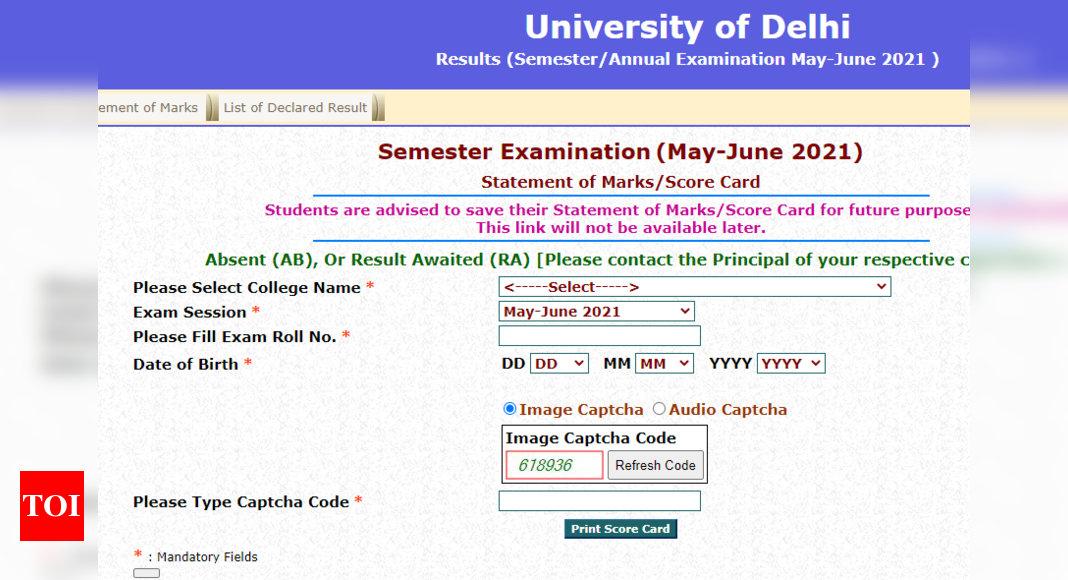 Delhi University result 2021 for May-June UG, PG exams declared - Times ...