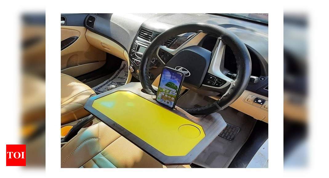 ORENAME Wooden Car Food Tray for Car Multi-Functional Laptop Tray for Car  Steering Food Tray Table with Drink Holder Table Finished Surface Leather