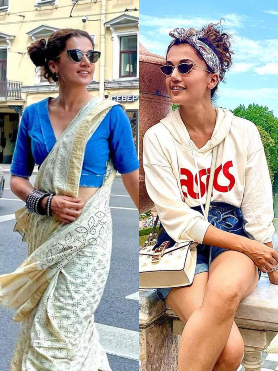 Taapsee Pannu's chic black bralette and beige flared pants outfit