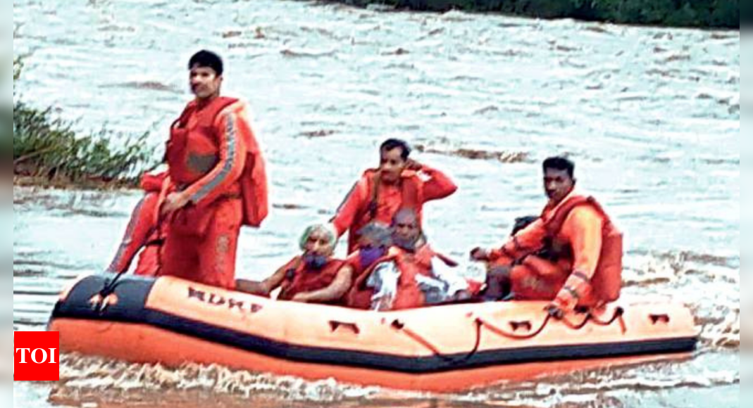 Stuck pregnant woman gets help to cross flooded street