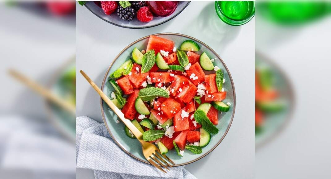 Watermelon Feta Salad Recipe: How to Make Watermelon Feta Salad Recipe | Homemade Watermelon Feta Sa
