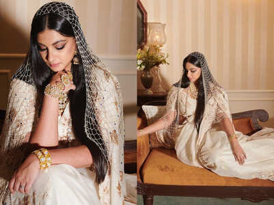 Rhea Kapoor wore pearl veil and chanderi sari