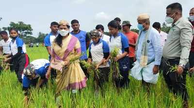 Watch: Union minister Shobha Karandlaje joins farmers in Karnataka's Udupi in cultivating paddy in fallow land