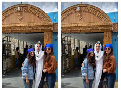Sara Ali Khan, Radhika Madan and Jasleen Royal strike a pose together as they visit Gurudwara Shri Pathar Sahib