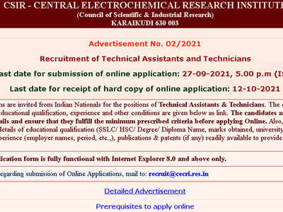 CECRI Recruitment 2021: Apply online for 54 Technical Assistant and Technician posts