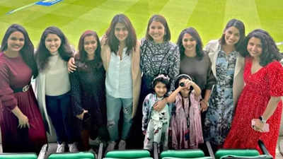Anushka Sharma cheerfully poses with wives of Indian cricketers during India vs England match