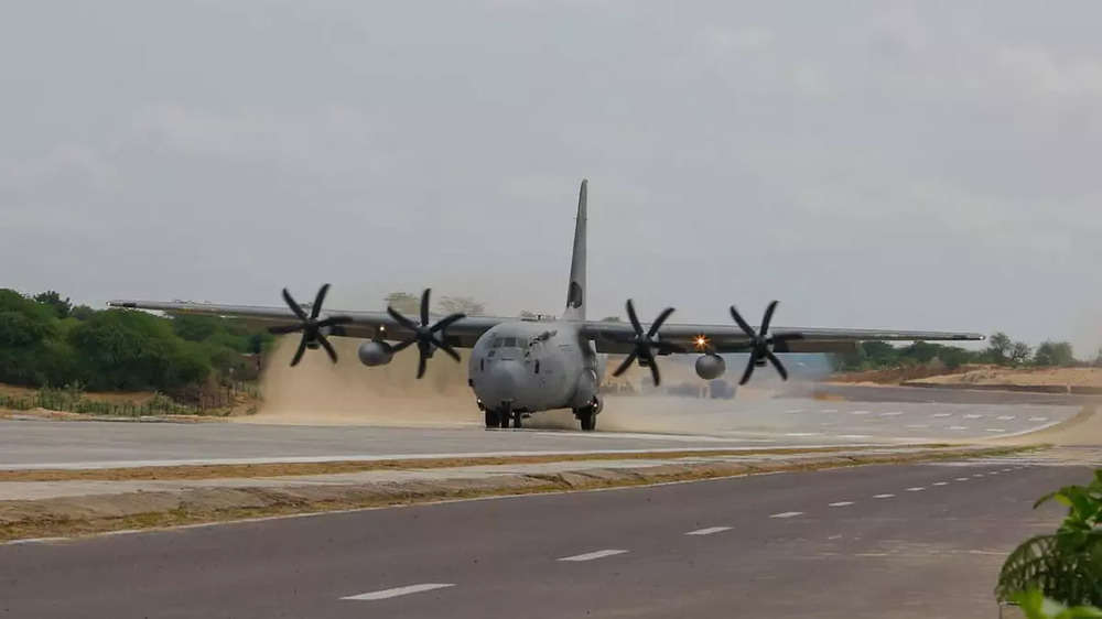Photos: IAF aircraft carrying Rajnath, Gadkari lands on Rajasthan highway