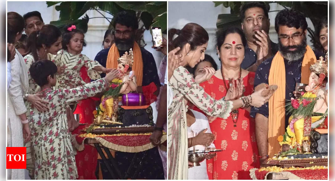 Shilpa Shetty twins with her kids Viaan and Samisha during Ganpati ...