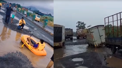 Thane: Locals float boat in potholes to protest over Bhiwandi-Wada road condition