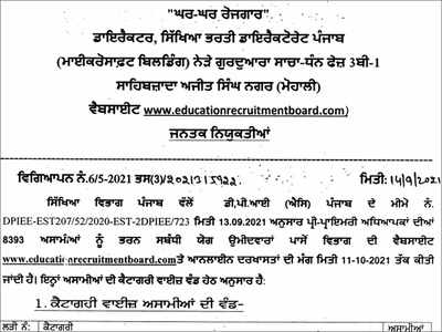 Punjab Pre Primary Teacher Recruitment 2021: Apply online for 8393 Posts