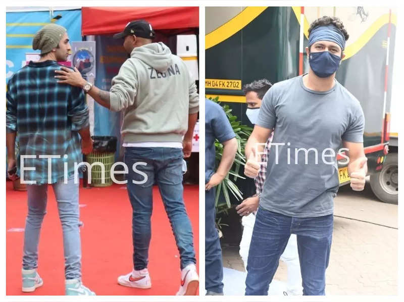 Ranbir Kapoor and Vicky Kaushal spotted at a studio shooting for a special dance sequence for ‘Mr. Lele’