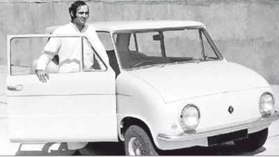 Sanjay Gandhi, and his Maruti prototype, with scooter wheels.