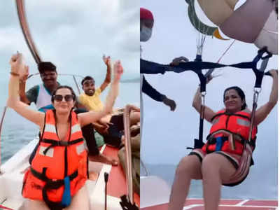 Dhivyadharshini enjoys parasailing in Andaman waters